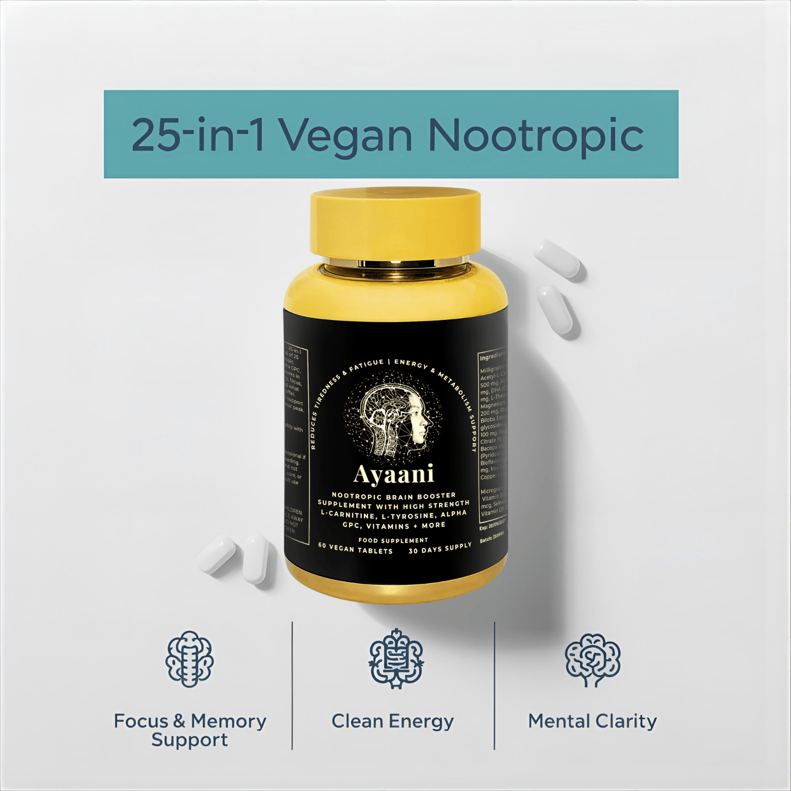 Focus Nootropic Brain | 25 - Ingredient Vegan Blend with DHA & B - Vitamins
