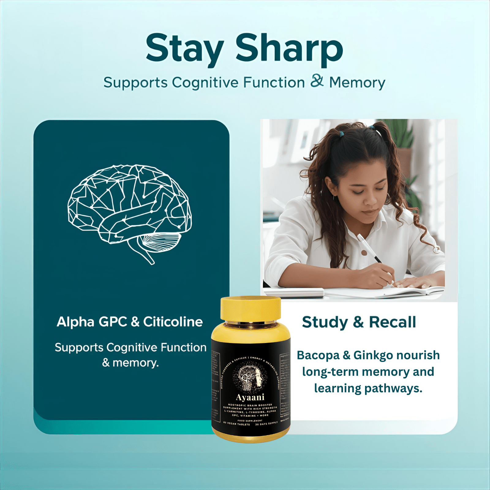 Focus Nootropic Brain | 25 - Ingredient Vegan Blend with DHA & B - Vitamins | Ayaani - Ayaani