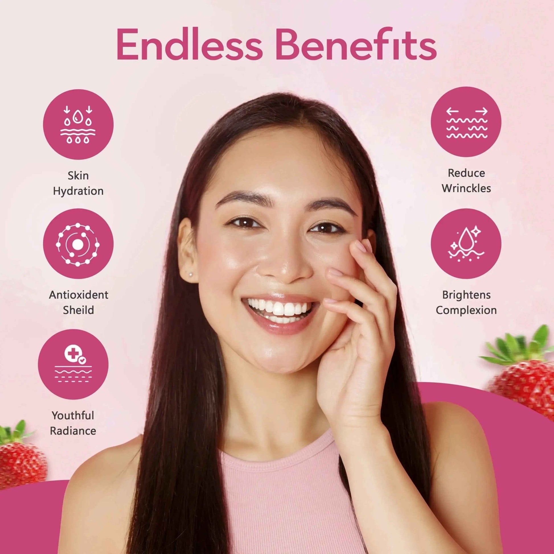 Skin Glow Tablets effervescent strawberry flavor with drink and strawberries - 20 tablets in a tube.