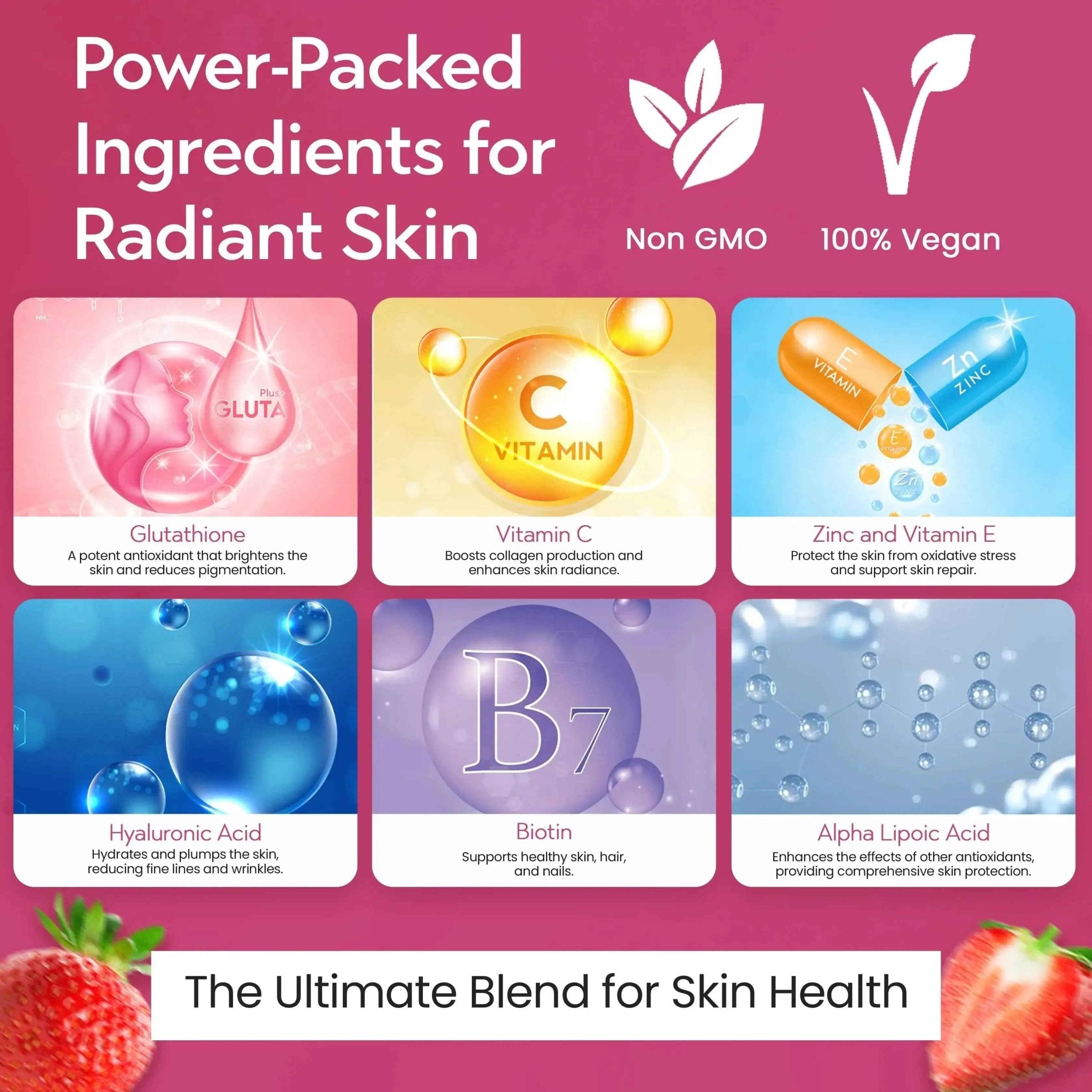 Skin Glow Tablets effervescent strawberry flavor with drink and strawberries - 20 tablets in a tube.