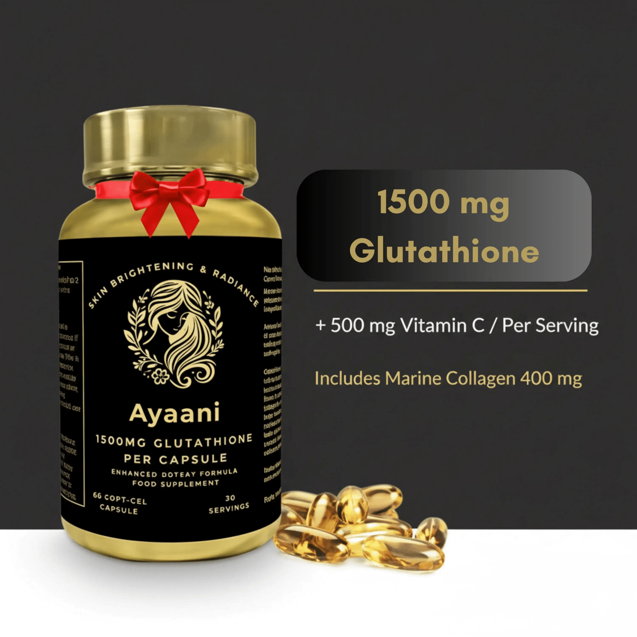 Glutathione Skin Health 1500mg Softgels bottle with capsules, featuring 500mg Vitamin C and Marine Collagen.