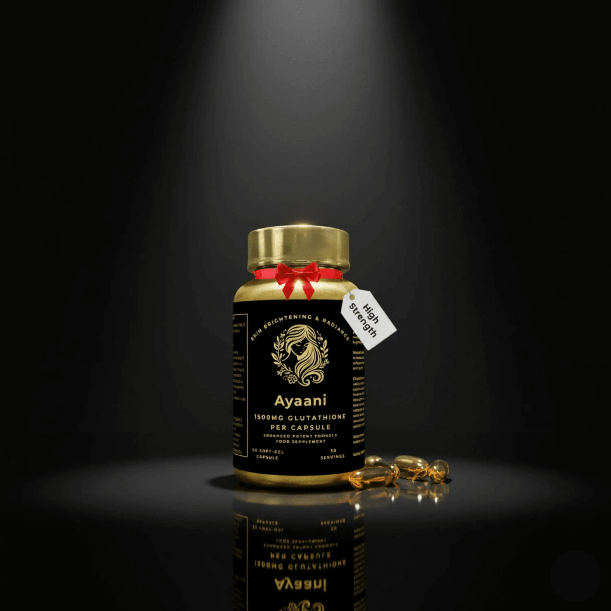 Glutathione Skin Health 1500mg Softgels in a gold bottle with softgels beside it on a dark background.