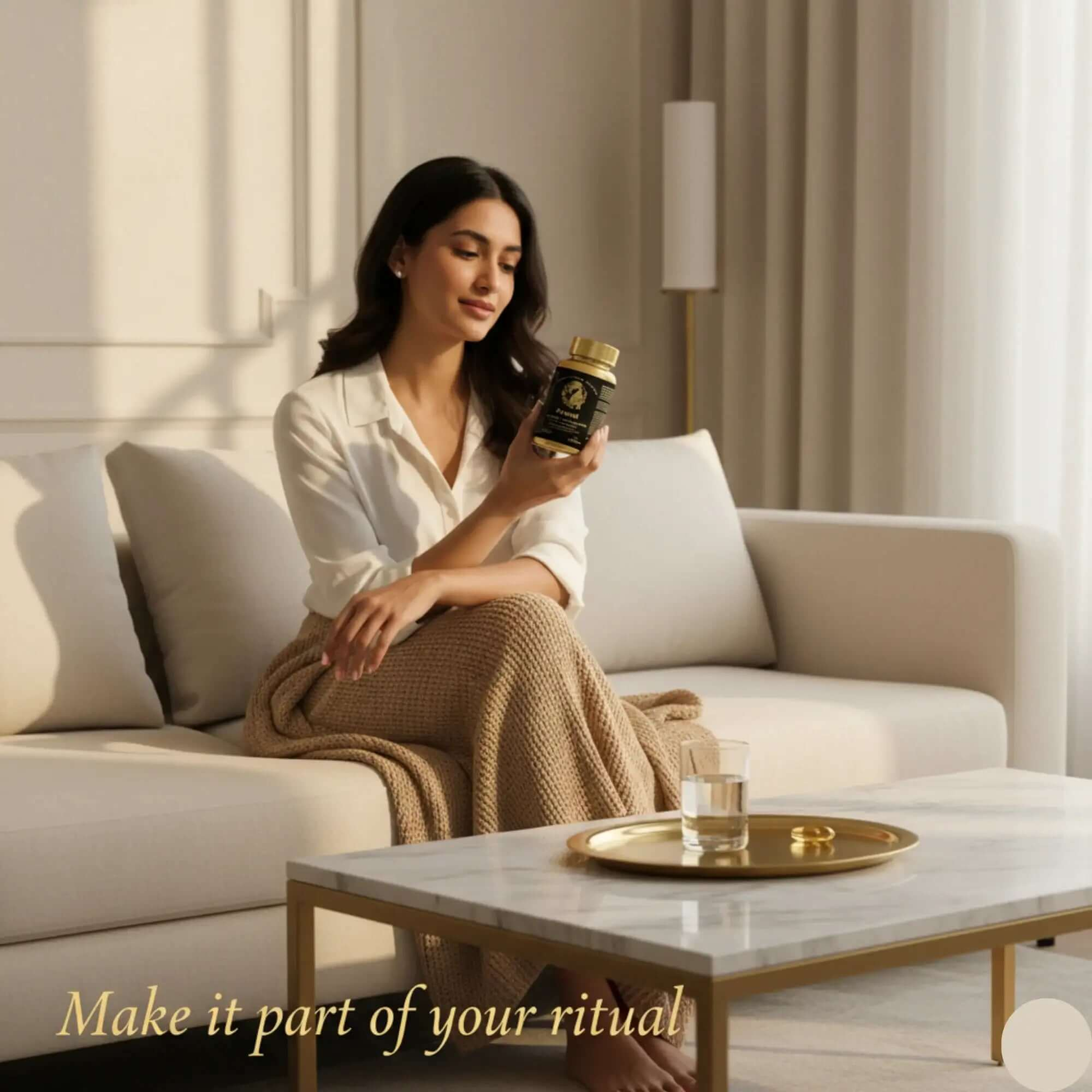 Woman holding Glutathione Skin Health 1500mg Softgels in a cozy living room setting.