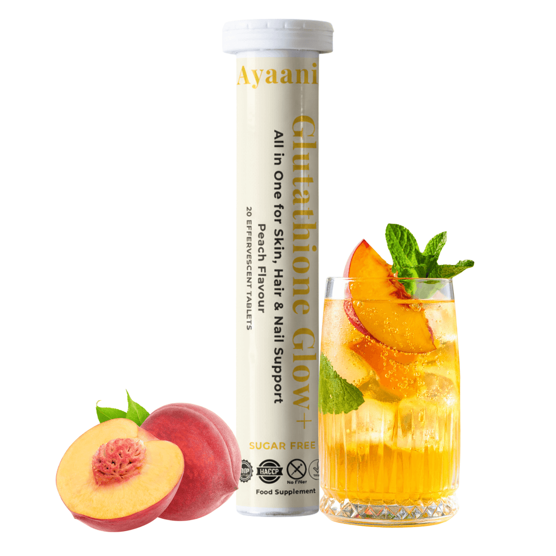 Ayaani Glutathione Glow+ supplement tube with peaches and a glass of peach-flavored drink on a white background