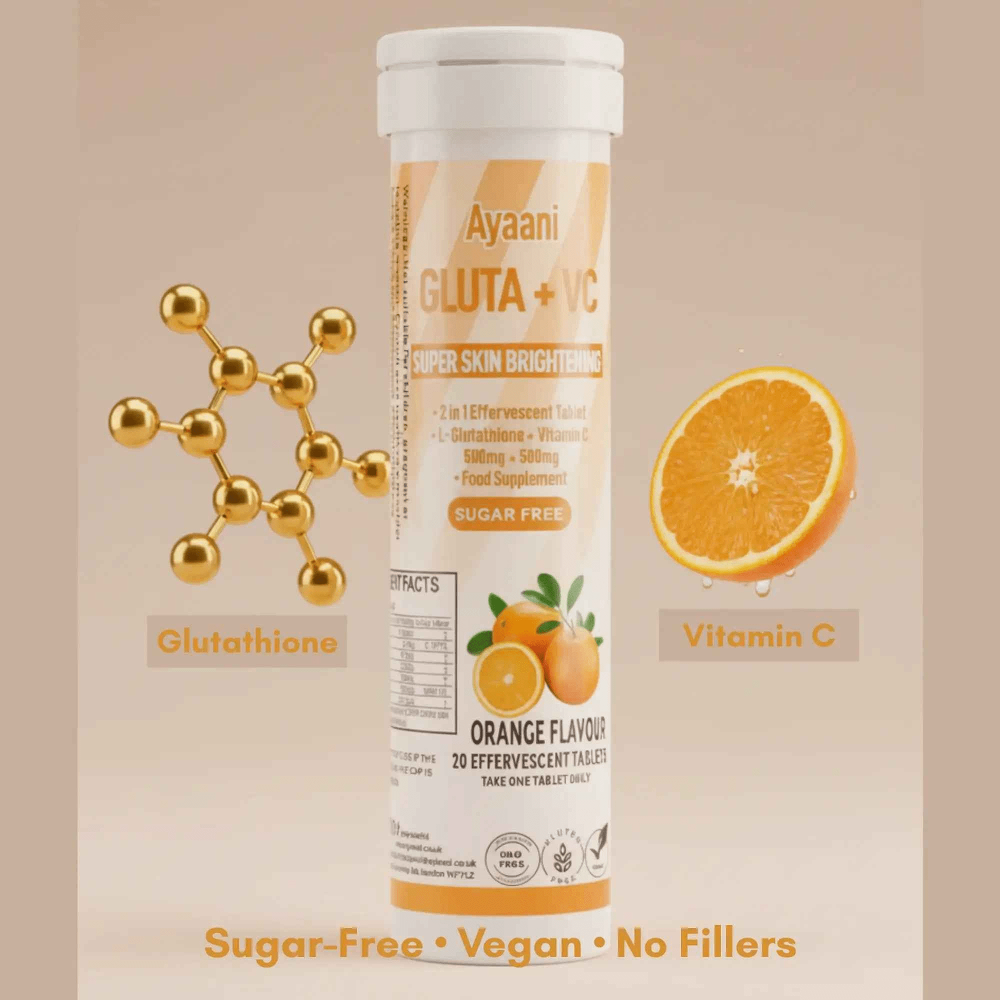 Glutathione and Vitamin C Effervescent – 1000mg in orange flavour with refreshing drink and tablet.