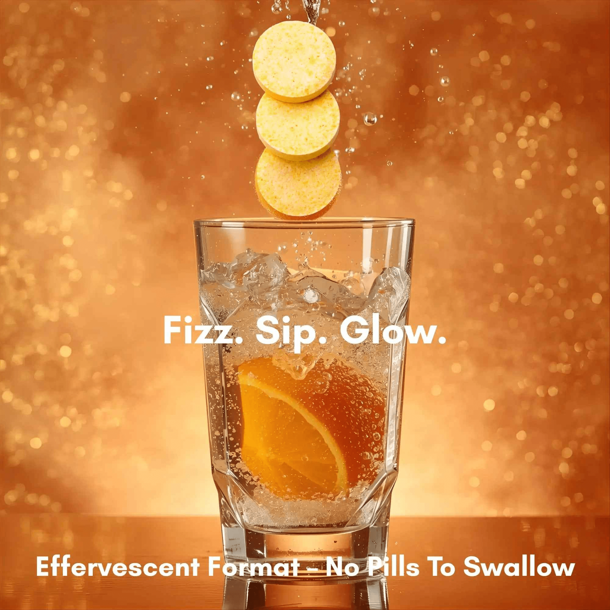 Glutathione and Vitamin C Effervescent – 1000mg in orange flavour with refreshing drink and tablet.