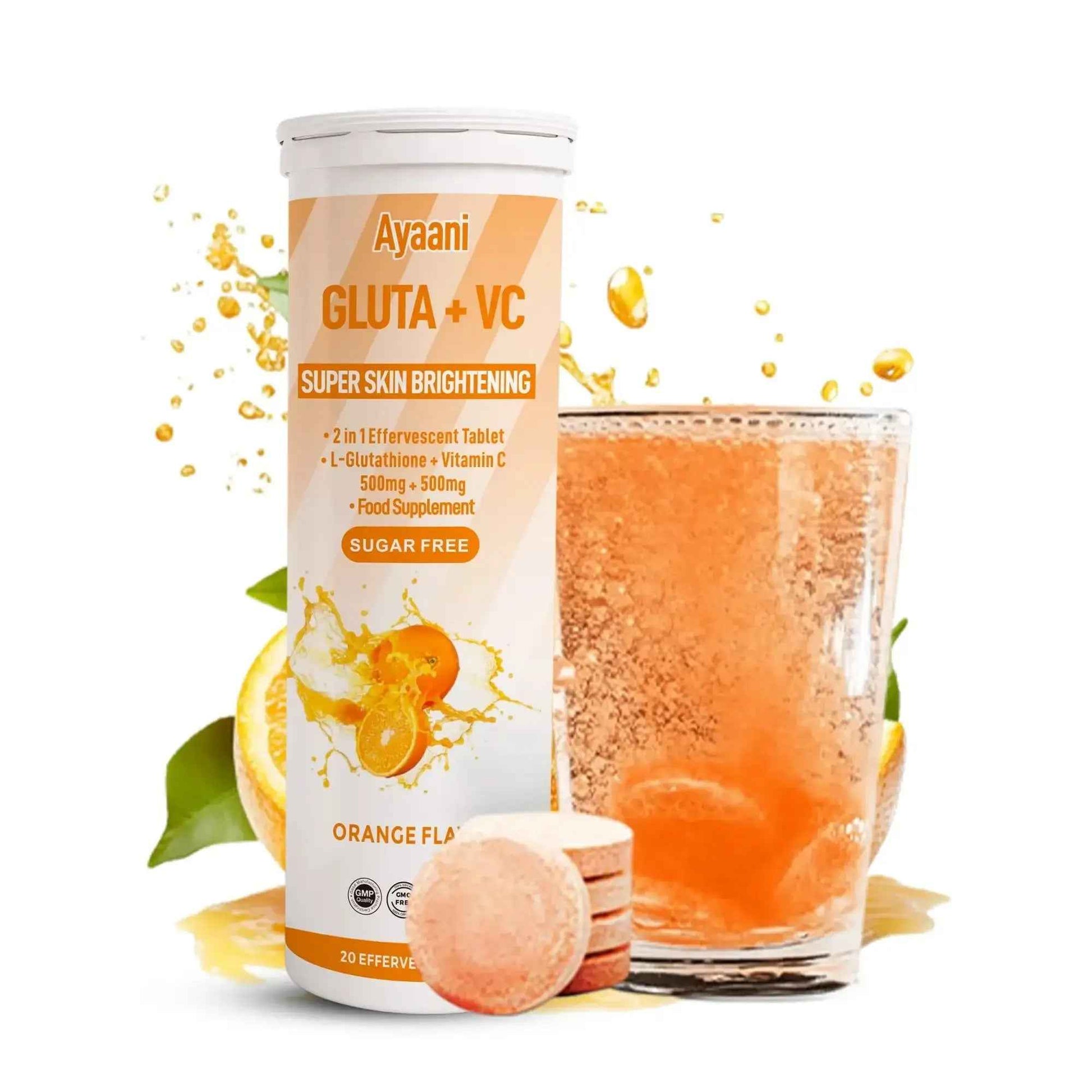 Glutathione and Vitamin C Effervescent – 1000mg in orange flavour with refreshing drink and tablet.