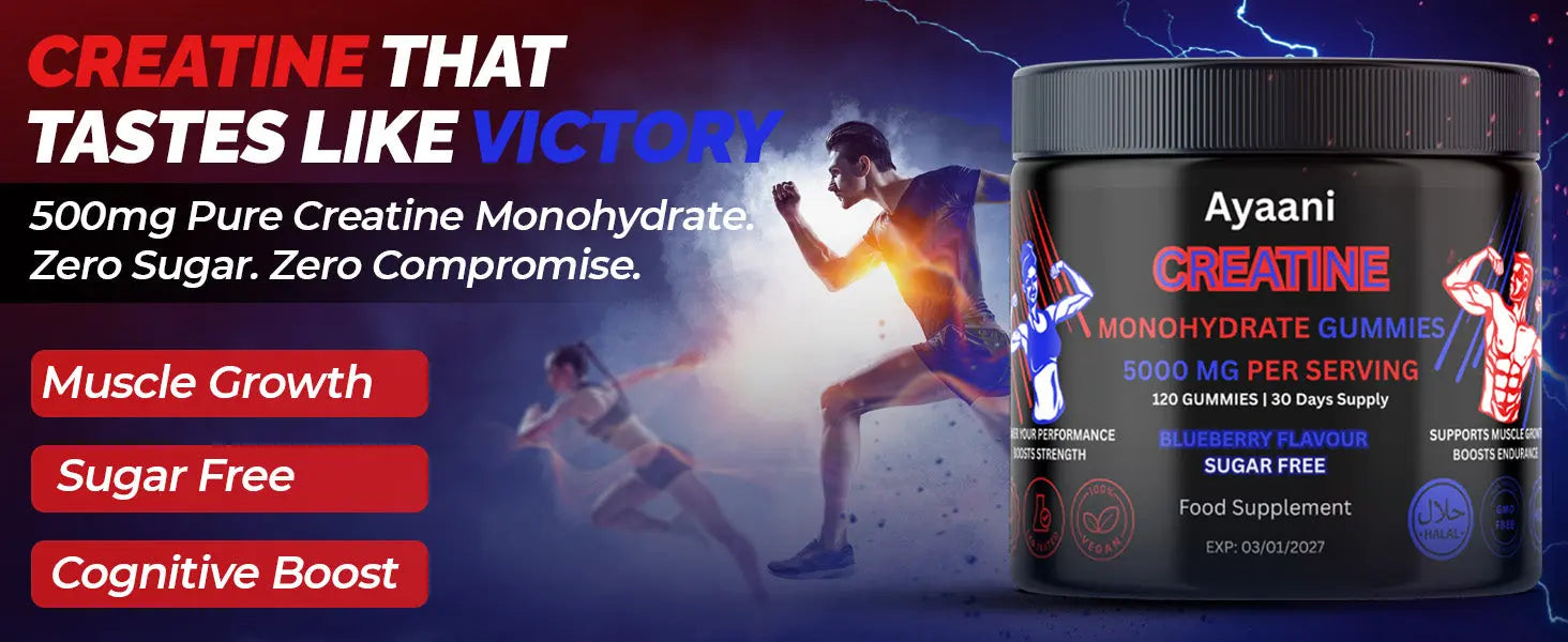 Hero banner – “Creatine That Tastes Like Victory” creatine gummies with muscle growth, sugar-free, cognitive boost message