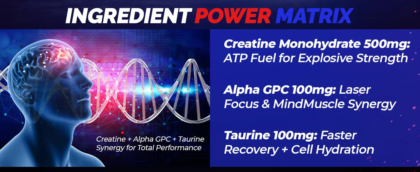 Ingredient Power Matrix – creatine 500 mg for ATP energy, Alpha-GPC 100 mg for focus, Taurine 100 mg for recovery