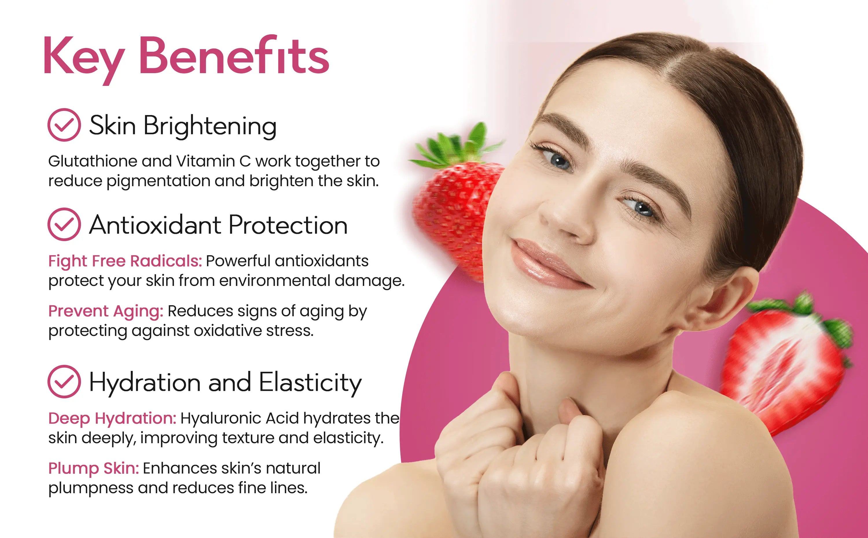 Endless benefits of Ayaani Glutathione Glow+ effervescent tablets – hydration, wrinkle reduction, radiance, antioxidant support.