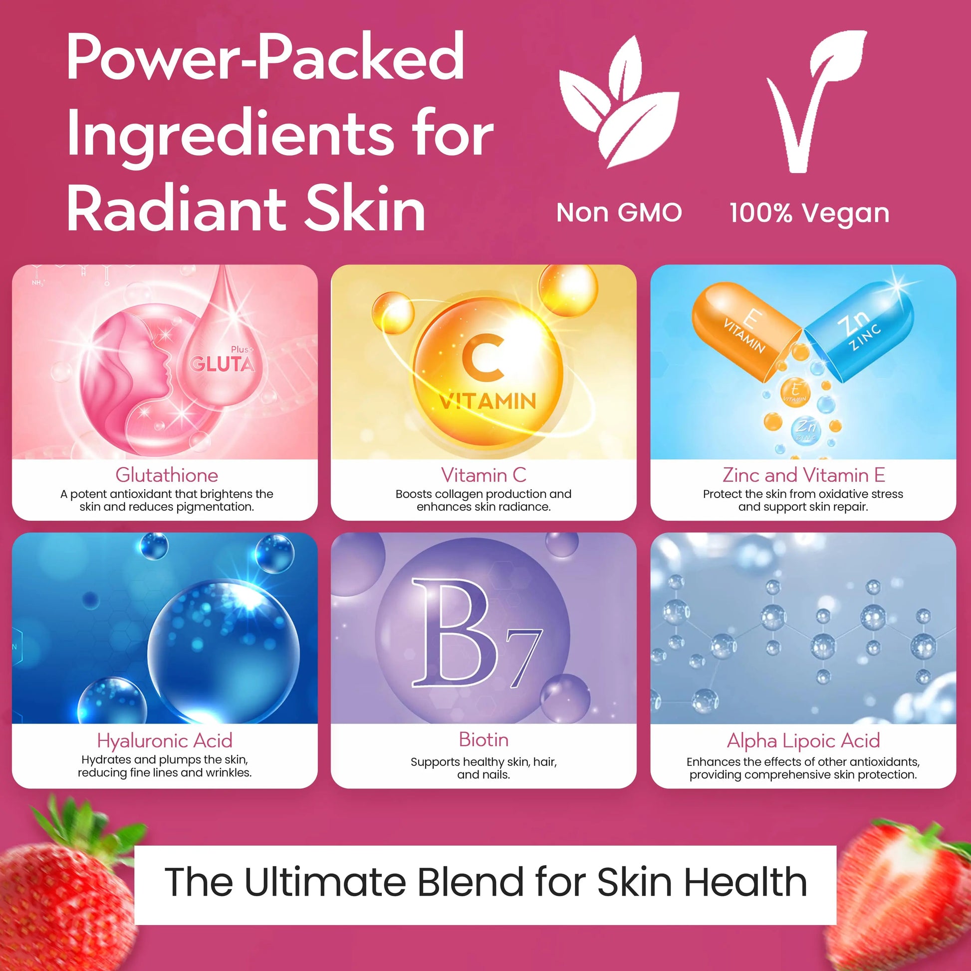 Key ingredients in Ayaani Glutathione Glow+ – Glutathione, Vitamin C, Zinc, Hyaluronic Acid, Biotin and Alpha Lipoic Acid.