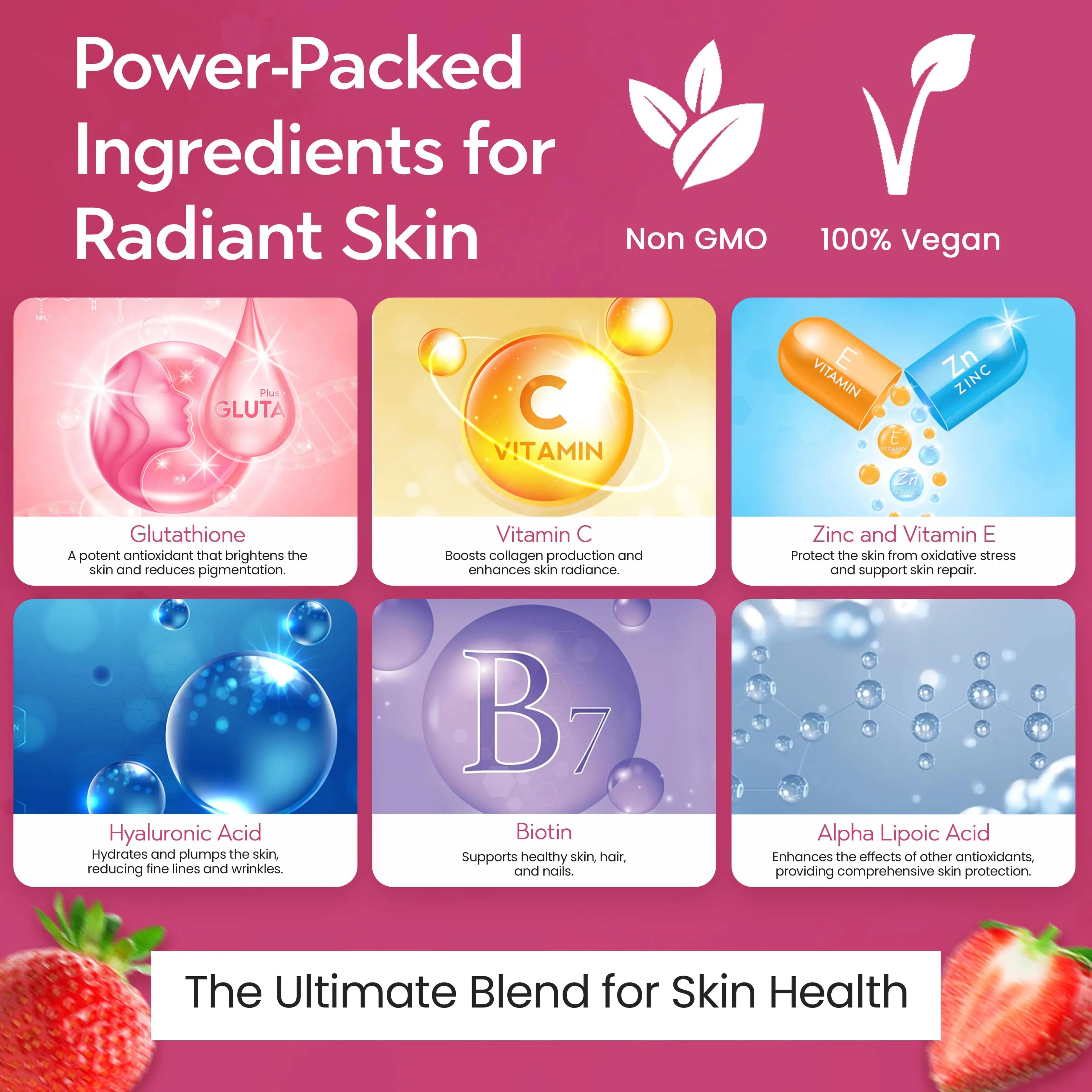 Key ingredients in Ayaani Glutathione Glow+ – Glutathione, Vitamin C, Zinc, Hyaluronic Acid, Biotin and Alpha Lipoic Acid.