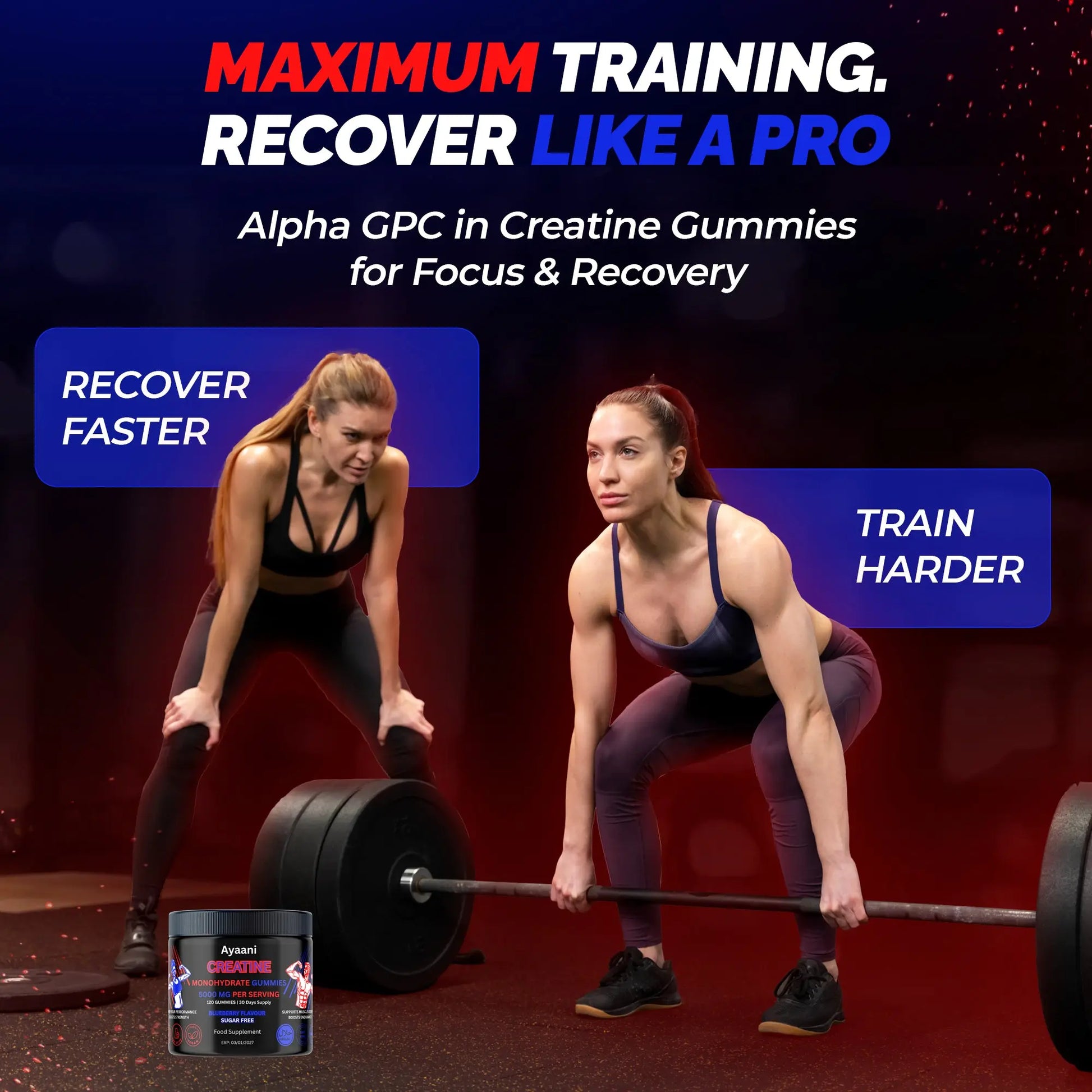 “Maximum Training. Recover Like a Pro” creatine gummy graphic – promotes focus and recovery with Alpha-GPC