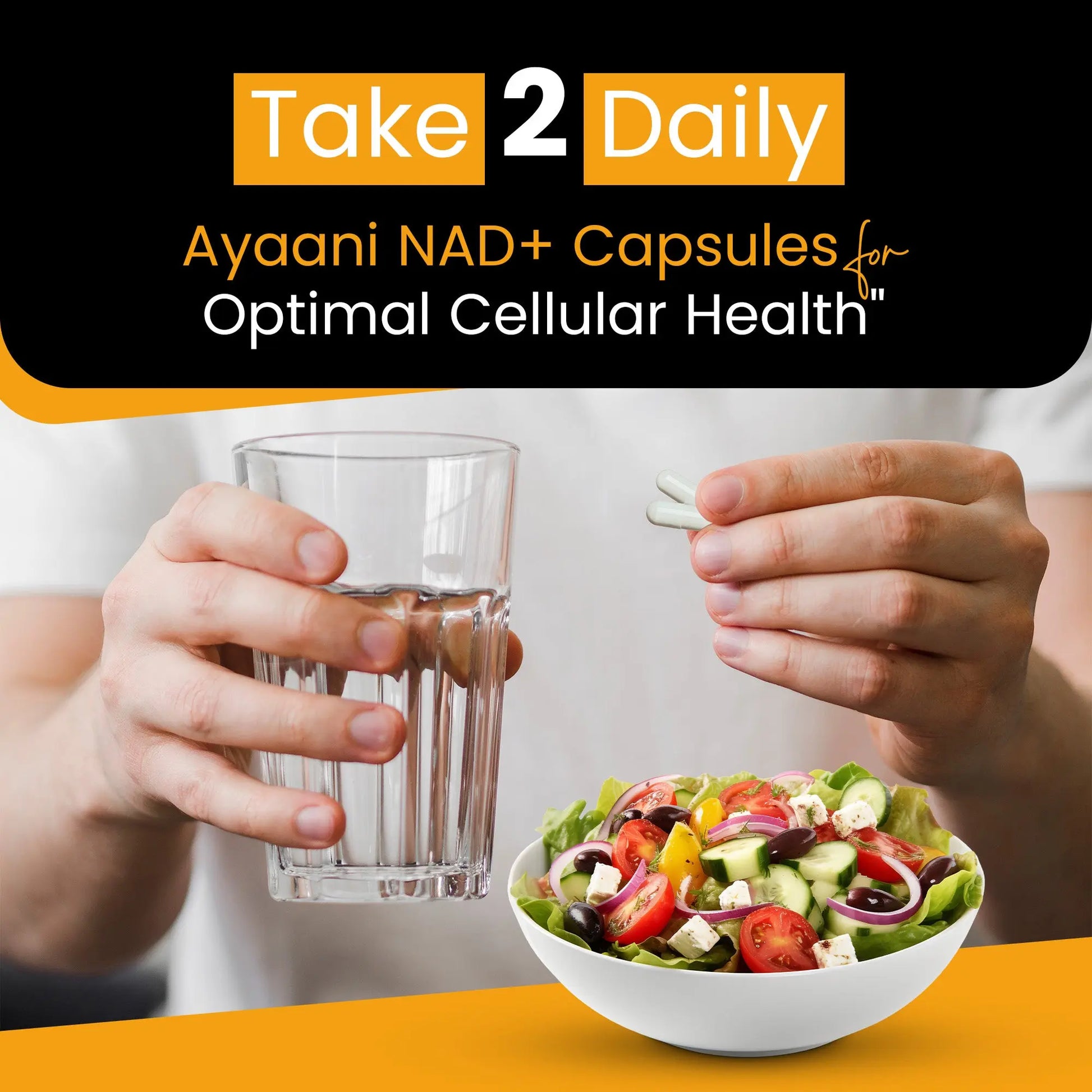 Recommended dosage of Ayaani NAD+ capsules – take 2 daily for optimal cellular health and energy.