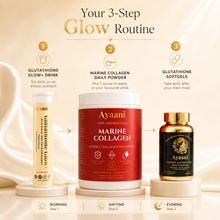 Ayaani Glow Collection 3 step glow routine with drink, marine collagen powder and glutathione softgels