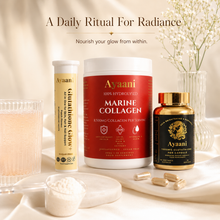 Ayaani Glow Collection lifestyle image with daily ritual for radiance showing beauty drink, collagen powder and softgels