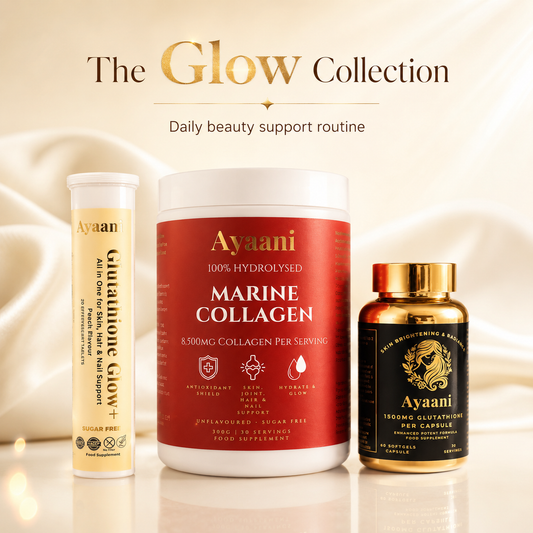 The Glow Collection by Ayaani showing Glutathione Glow+, Marine Collagen and Glutathione Softgels as a daily beauty support routine