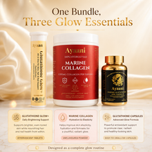 Ayaani Glow Collection bundle summary with Glutathione Glow+, Marine Collagen and Glutathione Softgels as three glow essentials