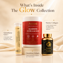What is inside Ayaani The Glow Collection showing Glutathione Glow+, Marine Collagen and Glutathione Softgels
